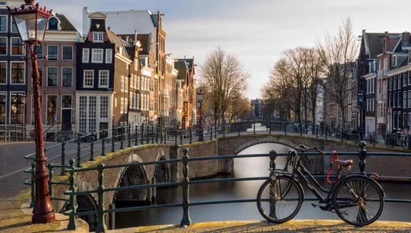 Bike parked on the bridge at Reguliersgracht in Winter