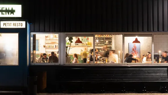 FC Hyena cinema restaurant exterior at night