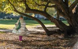 A person walking through the Sarphatipark on a sunny autumn day.