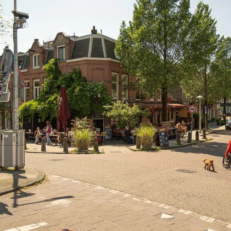 Cyclist and wheelchair user with dog crossing road towards restaurant terrace on Schinkelhavenstraat