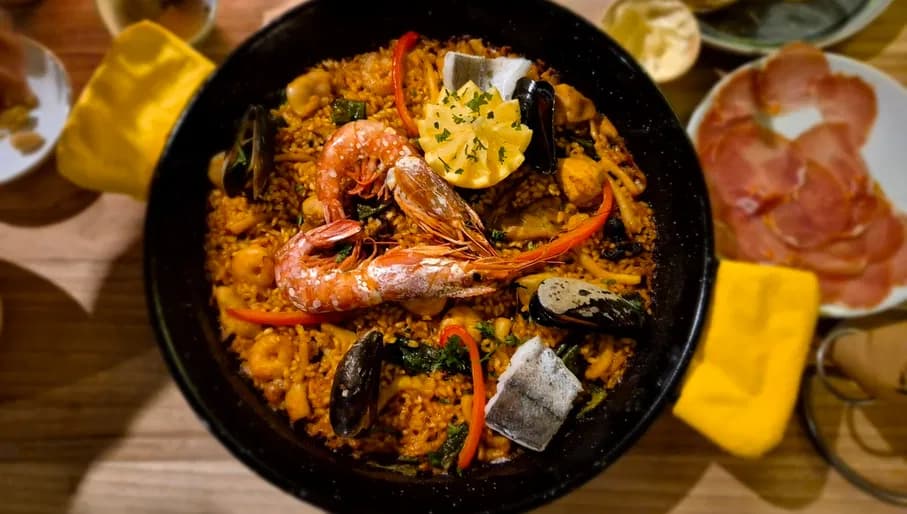 Seafood paella dish at Tasco Belota Spanish restaurant