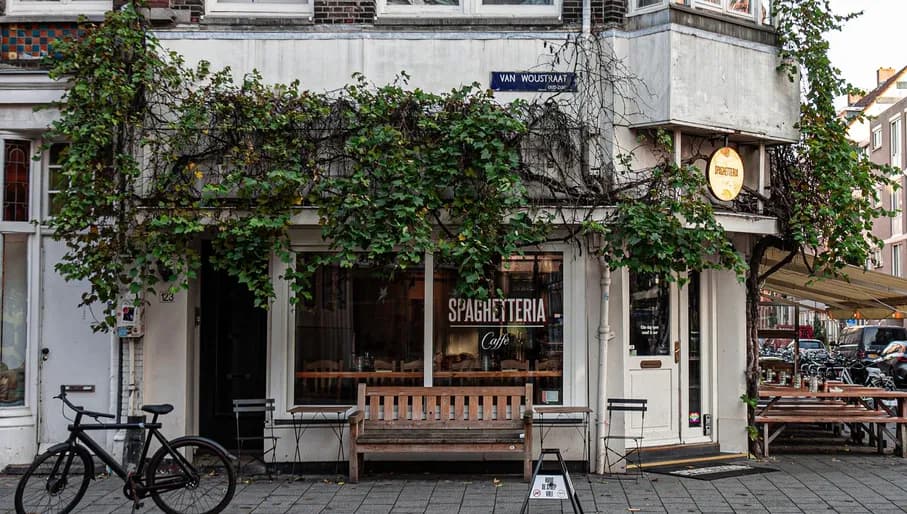 Exterior of Spaghetteria and terrace on Van Woustraat in De Pijp