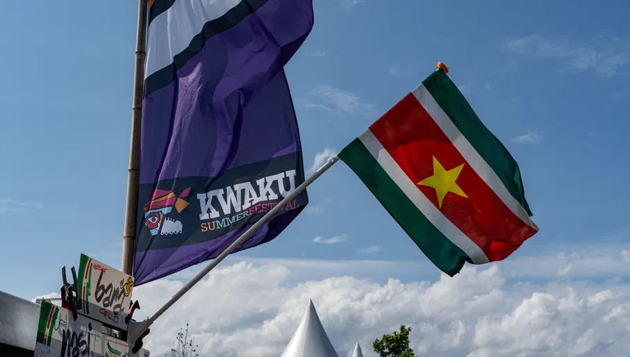 The flags of Kwaku Summer Festival and the flag of Surinam at Kwaku Summer Festival 2023.