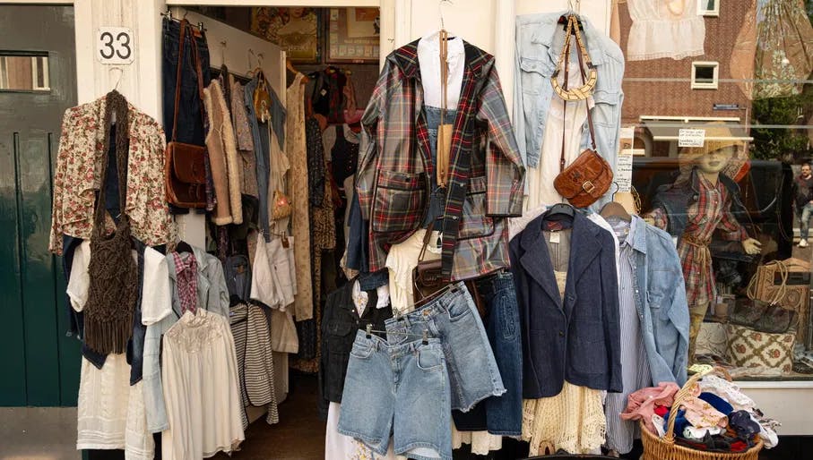 Denim pieces and clothes hanging outside Rosa Rosas vintage store