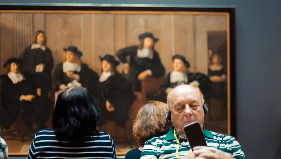 A man is listening to the audio tour in the Rijksmuseum.