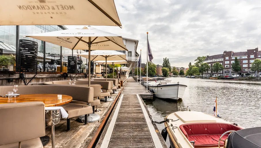 Terrace of The Harbour Club at Apollo Hotel Amsterdam.