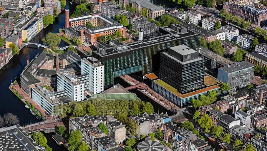 Aerial view of Roeterseiland campus University of Amsterdam, UvA