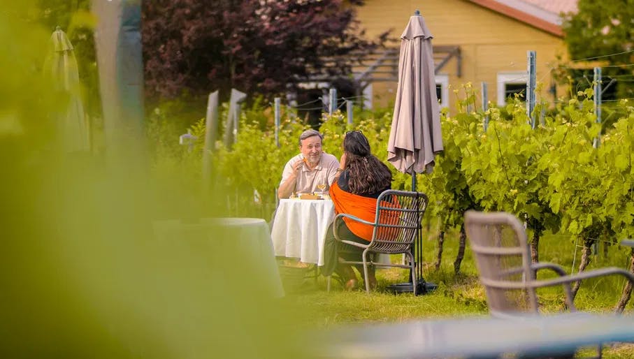 Couple enjoying food and wines in the garden of the Amsteltuin vineyard