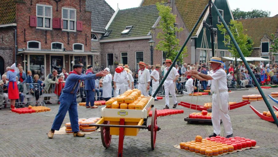 Men throwing cheese at cheese market in Edam.